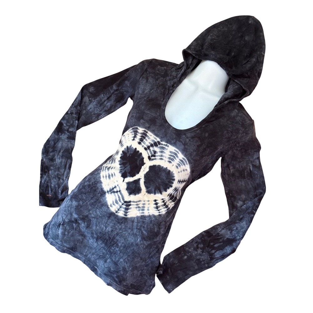 Y2K 2000s T-Party Tie Dye Skull Heart Long Sleeve Hooded‎ Top Goth Alternative